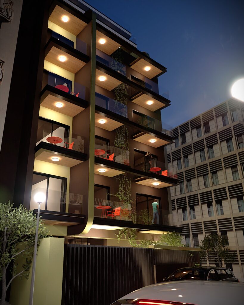 Architectural rendering of a modern, multi-story residential building at dusk, featuring prominent balconies with warm lighting, lush greenery, and a sleek, contemporary design. A car is parked in front, and a neighboring building is visible in the background under a twilight sky. By Modify Architects
