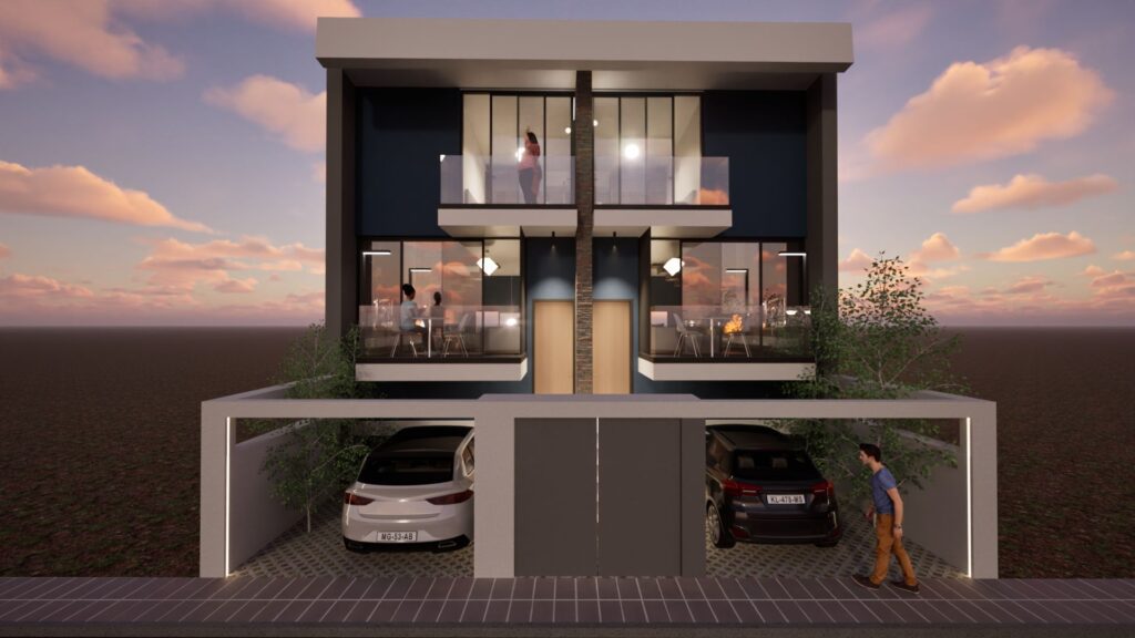 A modern, two-story duplex residence with a symmetrical facade, featuring dark blue accents, wooden paneling, and balconies with views of a sunset sky. Cars are parked in front of each unit, and landscaping adds a touch of greenery to the contemporary design. By Modify Architects