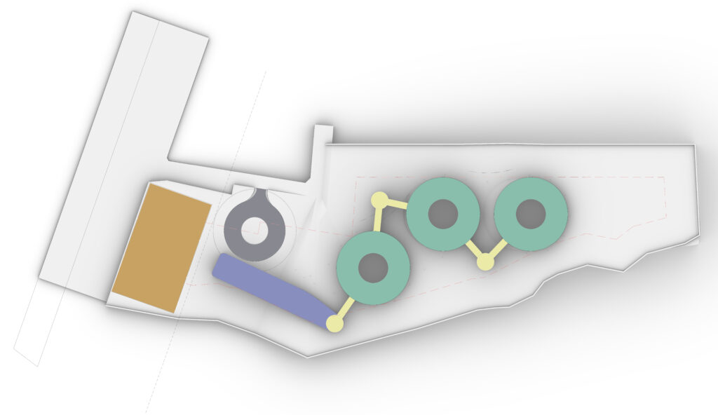 Aerial view of a site plan showcasing building footprints in varying colors – gold, blue, and teal – arranged around a central, irregularly shaped white space, with dashed lines indicating potential pathways or landscaping, representing the 'Education Rings' project's design concept. By Modify Architects
