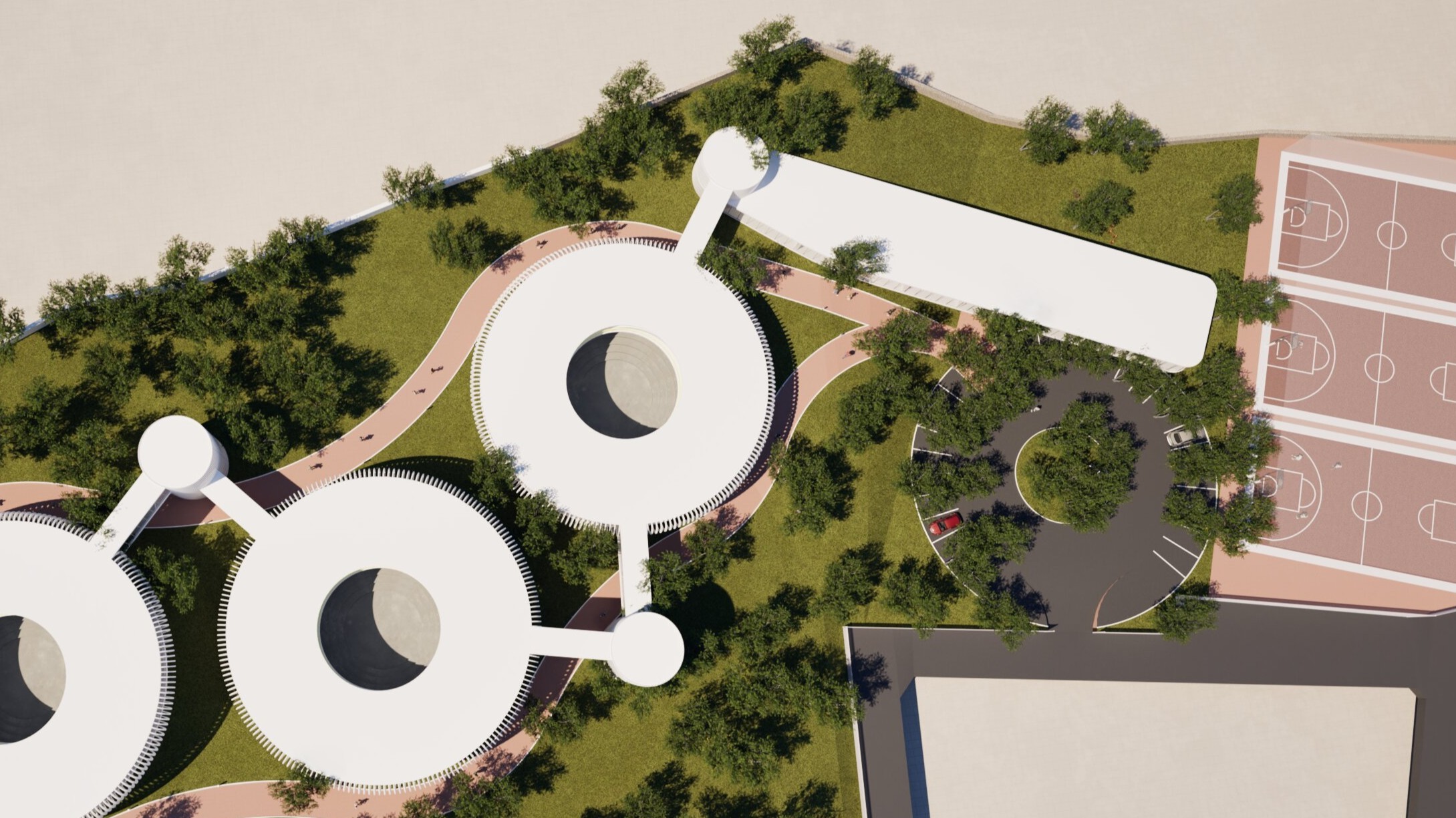Aerial view of the "Education Rings" school complex, featuring circular buildings connected by walkways, surrounded by green landscaping, a basketball court, and a parking area, rendered with a modern architectural style. By Modify Architects