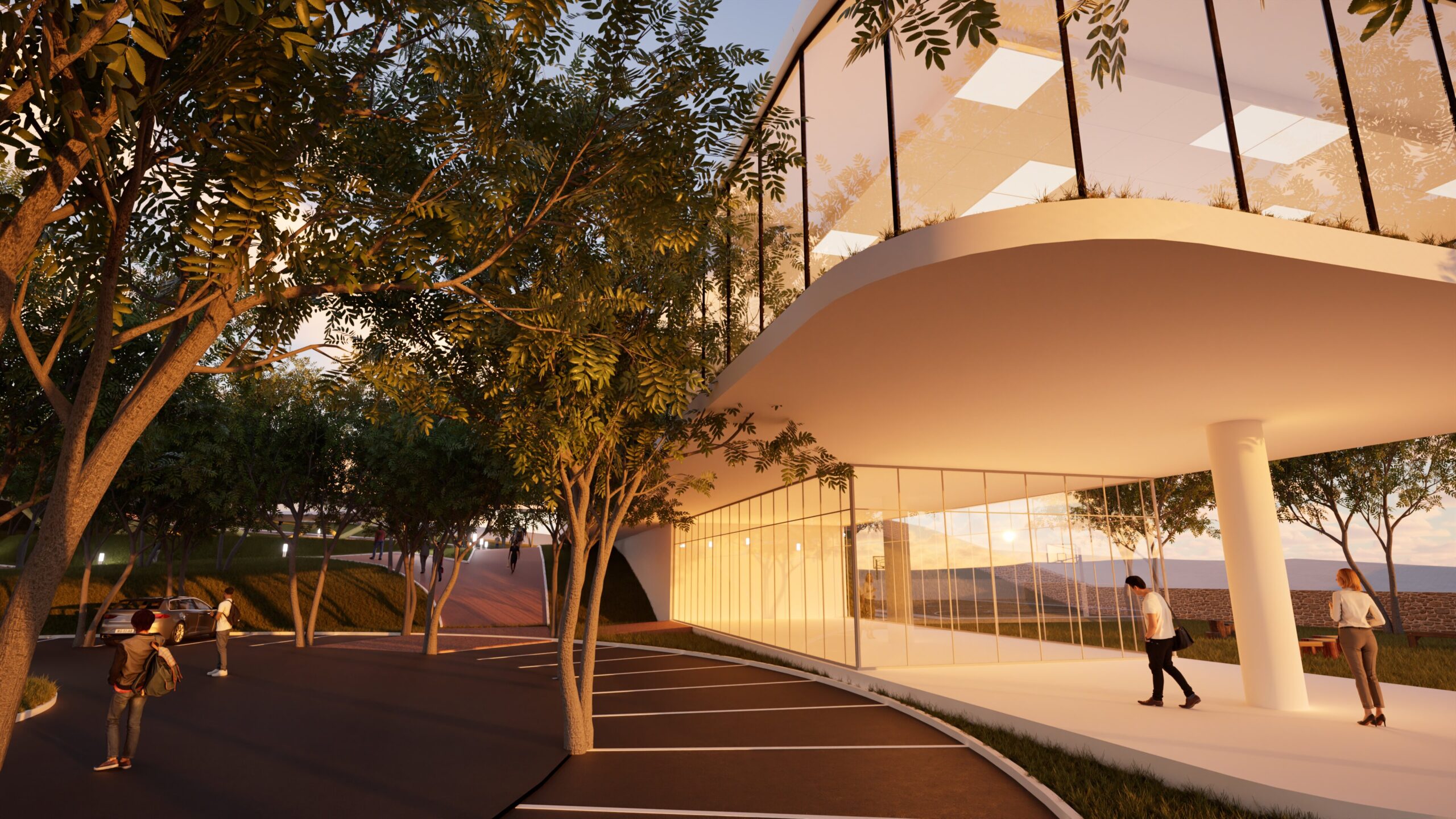 Architectural rendering of a modern educational building with a curved glass facade, set within a lush green campus landscape at dusk, featuring students walking along pathways and a view of rolling hills in the background. By Modify Architects