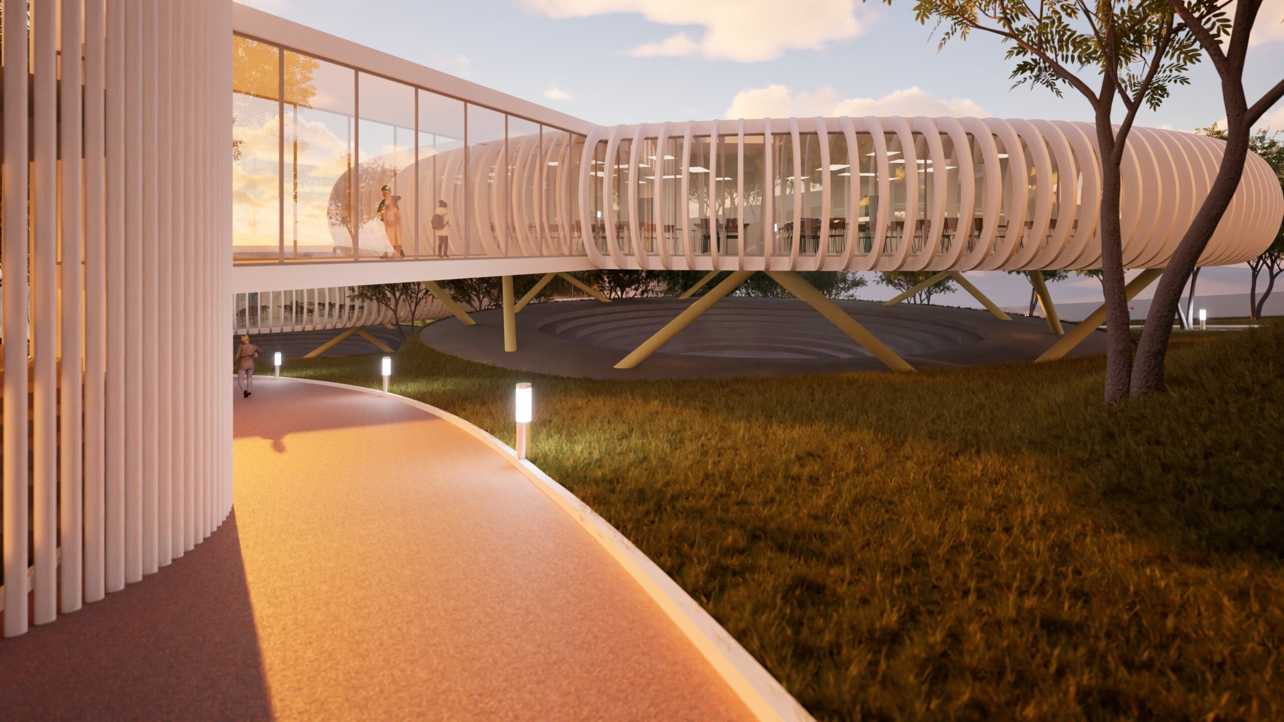 Architectural rendering of the "Education Rings" project showcasing a unique, elevated learning space with a curved, ribbed structure supported by tree-like columns. The building features large glass windows and appears to be connected to a lower level via a walkway. People are visible walking and standing within the structure, suggesting an active learning environment. The surrounding landscape includes a pathway, lawn, and trees, bathed in the warm light of a sunset or sunrise. By Modify Architects