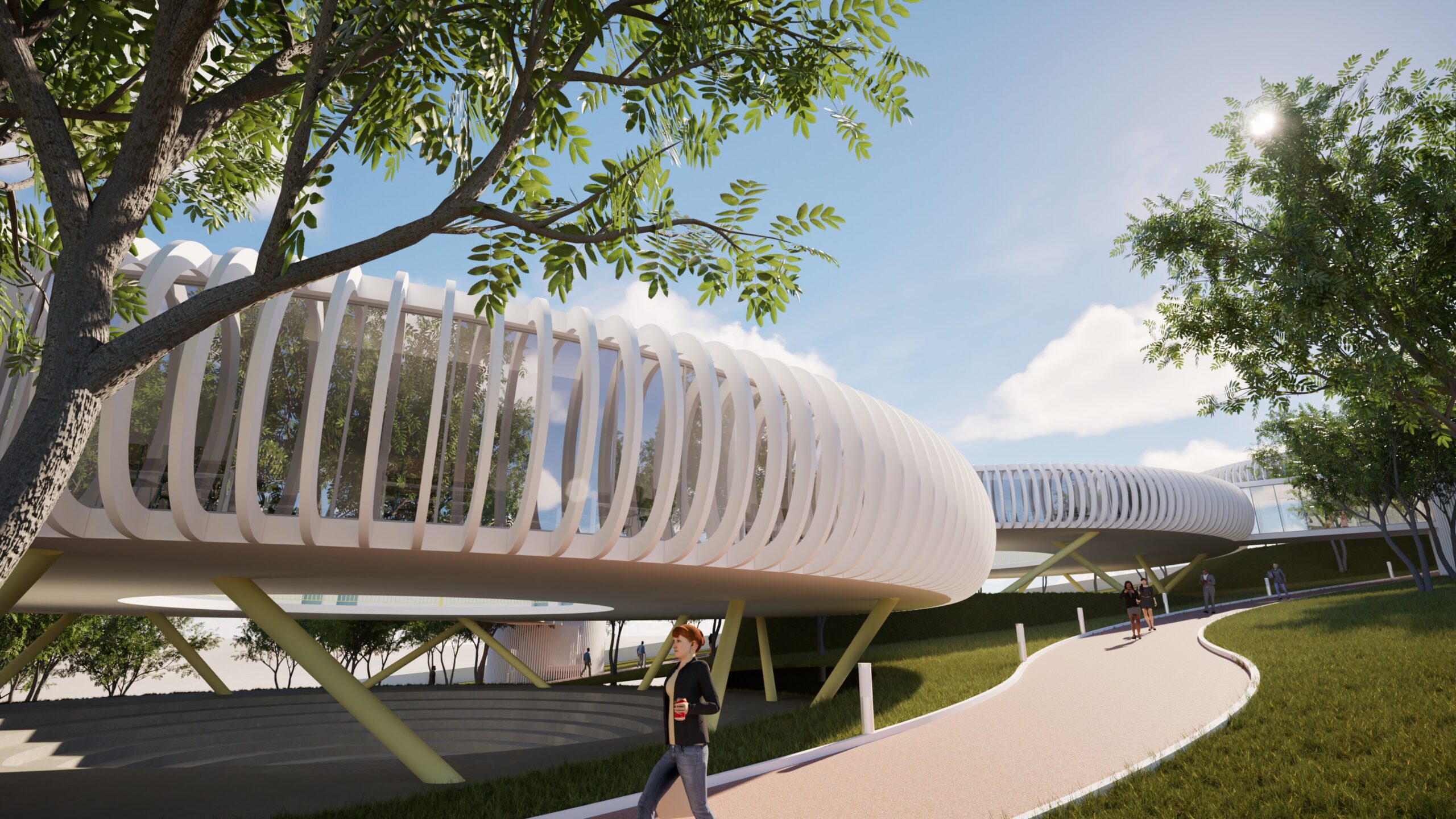 A rendering of the "Education Rings" project showcasing a futuristic, organic architectural design. The building features curvilinear, white ribbed structures elevated on green supports, resembling interconnected rings. A winding pathway leads towards the building, with students walking along it under the shade of lush trees. The scene is bathed in bright sunlight with a clear blue sky, emphasizing the integration of the building with its natural surroundings. By Modify Architects