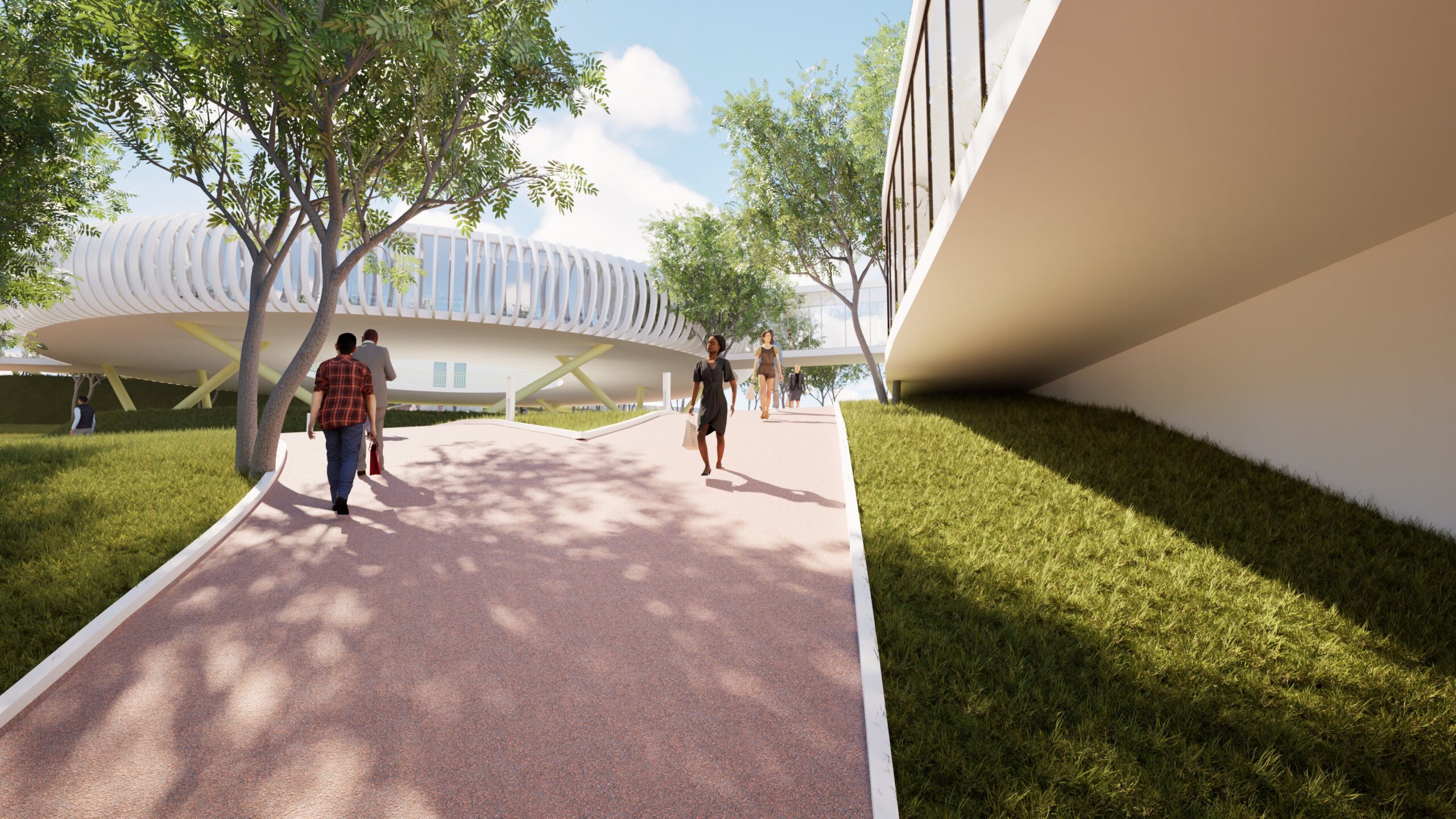 A low-angle view showcases a pedestrian path leading towards a modern, circular building with a distinctive ribbed facade, set within a lush green landscape. People are walking along the path and under a connecting elevated walkway, suggesting a campus or educational environment. The building's design incorporates natural light and blends with the surrounding greenery, creating a welcoming and innovative architectural space. By Modify Architects