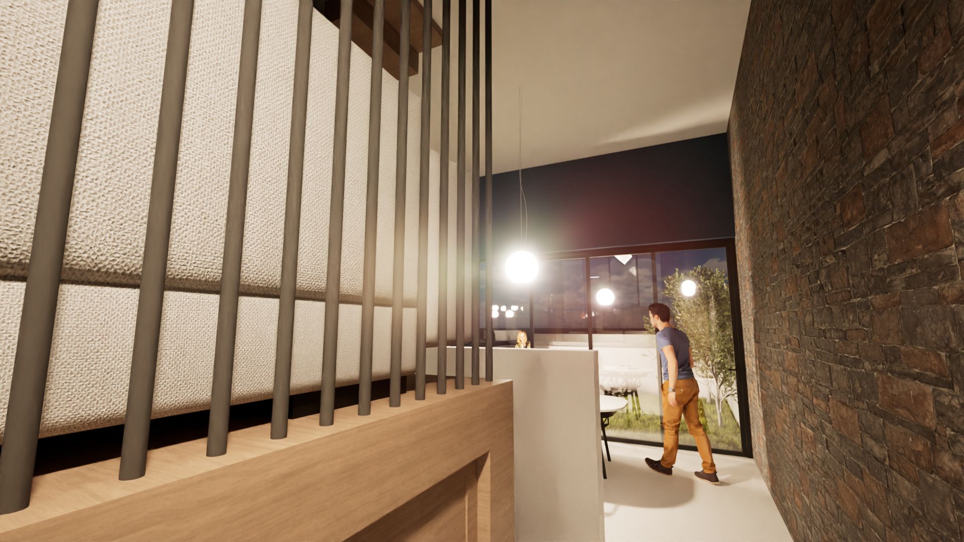 Modern interior architectural rendering of a walkway with a textured wall, dark metal railings, and a person walking towards a bright outdoor view with trees and illuminated spheres hanging from the ceiling. By Modify Architects