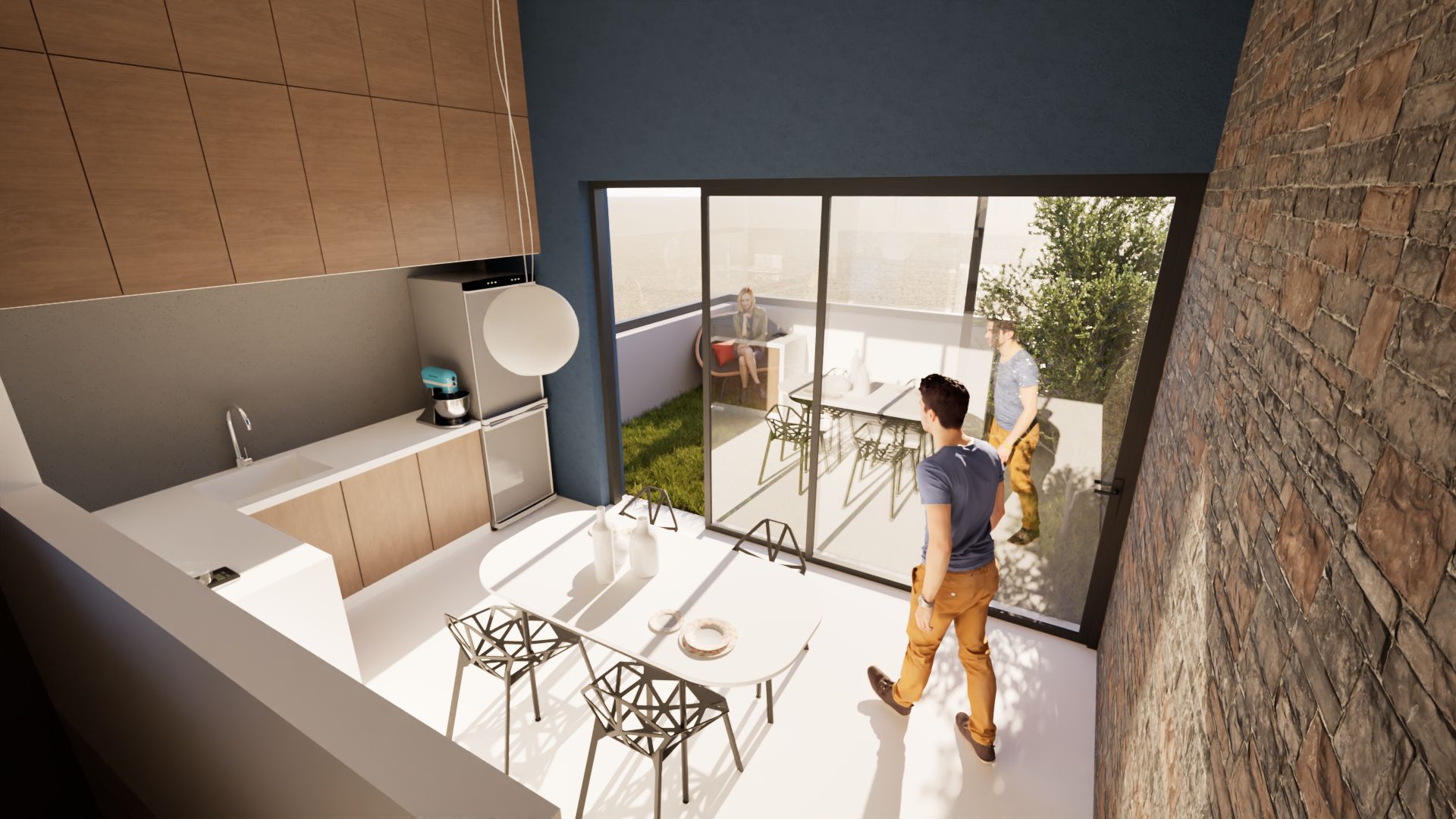 A high-angle architectural rendering showcases a modern kitchen and dining area seamlessly connected to an outdoor patio. The kitchen features light wood cabinetry, stainless steel appliances, and a sleek countertop. A round dining table with black metal chairs sits adjacent to large glass sliding doors that open onto a green patio with outdoor furniture and people relaxing. Exposed brick and a dark blue ceiling add texture and contrast to the space. The overall aesthetic is contemporary and inviting, emphasizing indoor-outdoor living. By Modify Architects