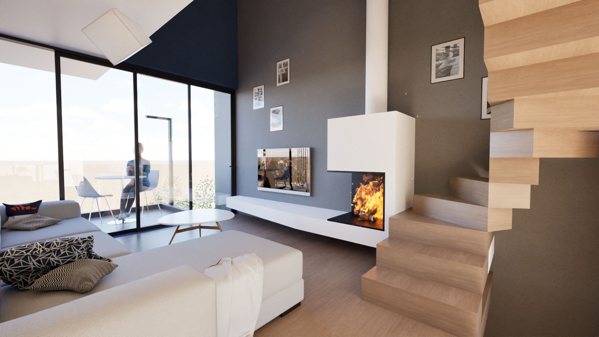 Interior view of a modern living room with a large fireplace, white sofa, floor-to-ceiling windows, and a light wood staircase, showcasing a bright and airy open-plan design. By Modify Architects