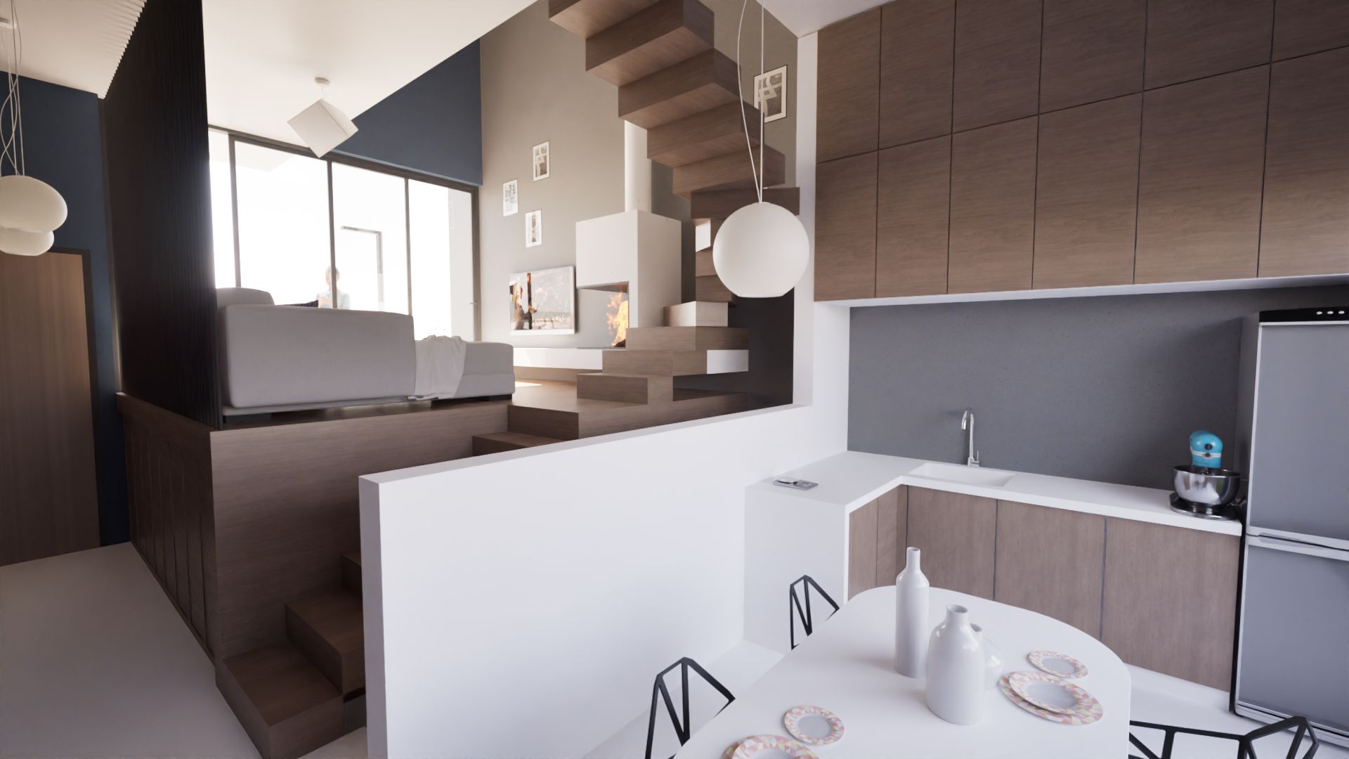 A bright, modern open-plan living space featuring a kitchen with wood cabinets and a white countertop, a dining area with a circular table, and a living room with a grey sofa. A striking wooden staircase with open risers acts as a central architectural element, connecting the levels and adding visual interest. Large windows provide ample natural light, and the overall aesthetic is contemporary and minimalist. By Modify Architects