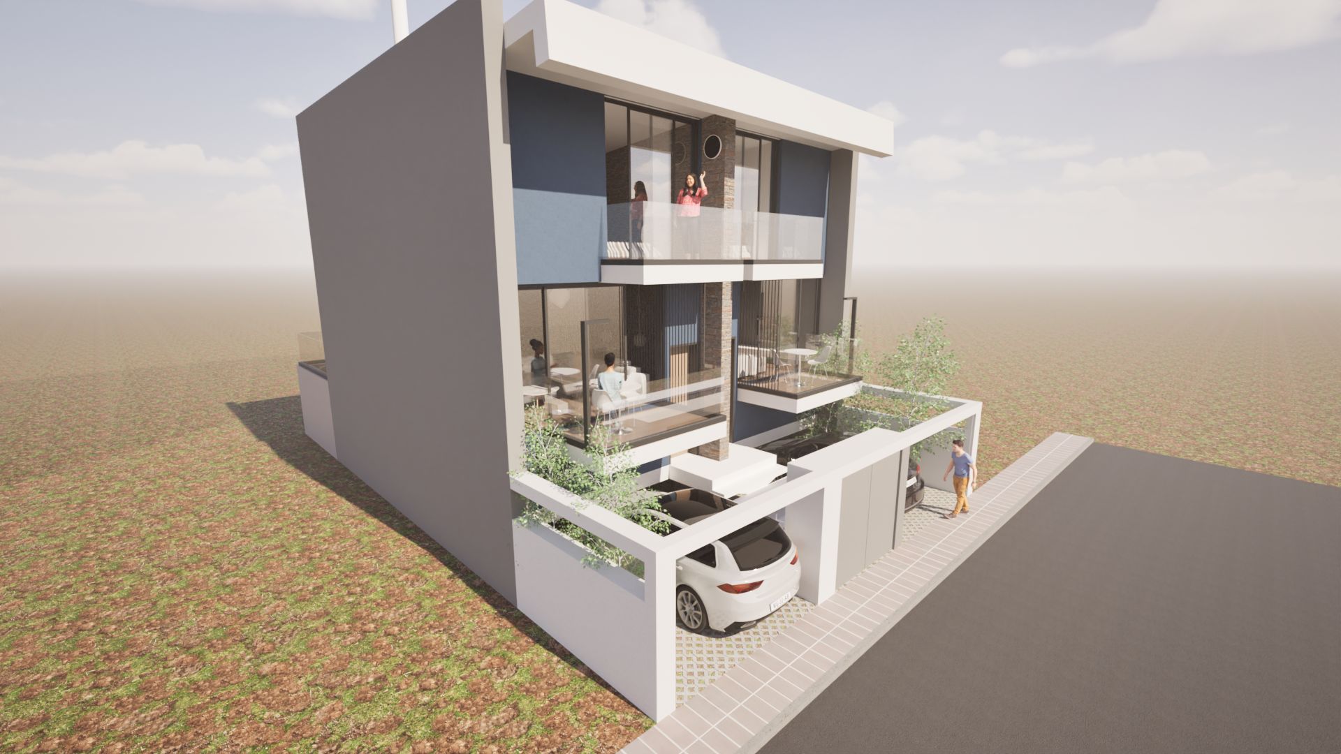 A modern two-story residential building with a white and gray facade, featuring large windows, balconies with railings, and a ground-level garage. People are visible on the balconies and near the entrance, suggesting a lived-in atmosphere. The building is set against a backdrop of a grassy field and a paved driveway. By Modify Architects