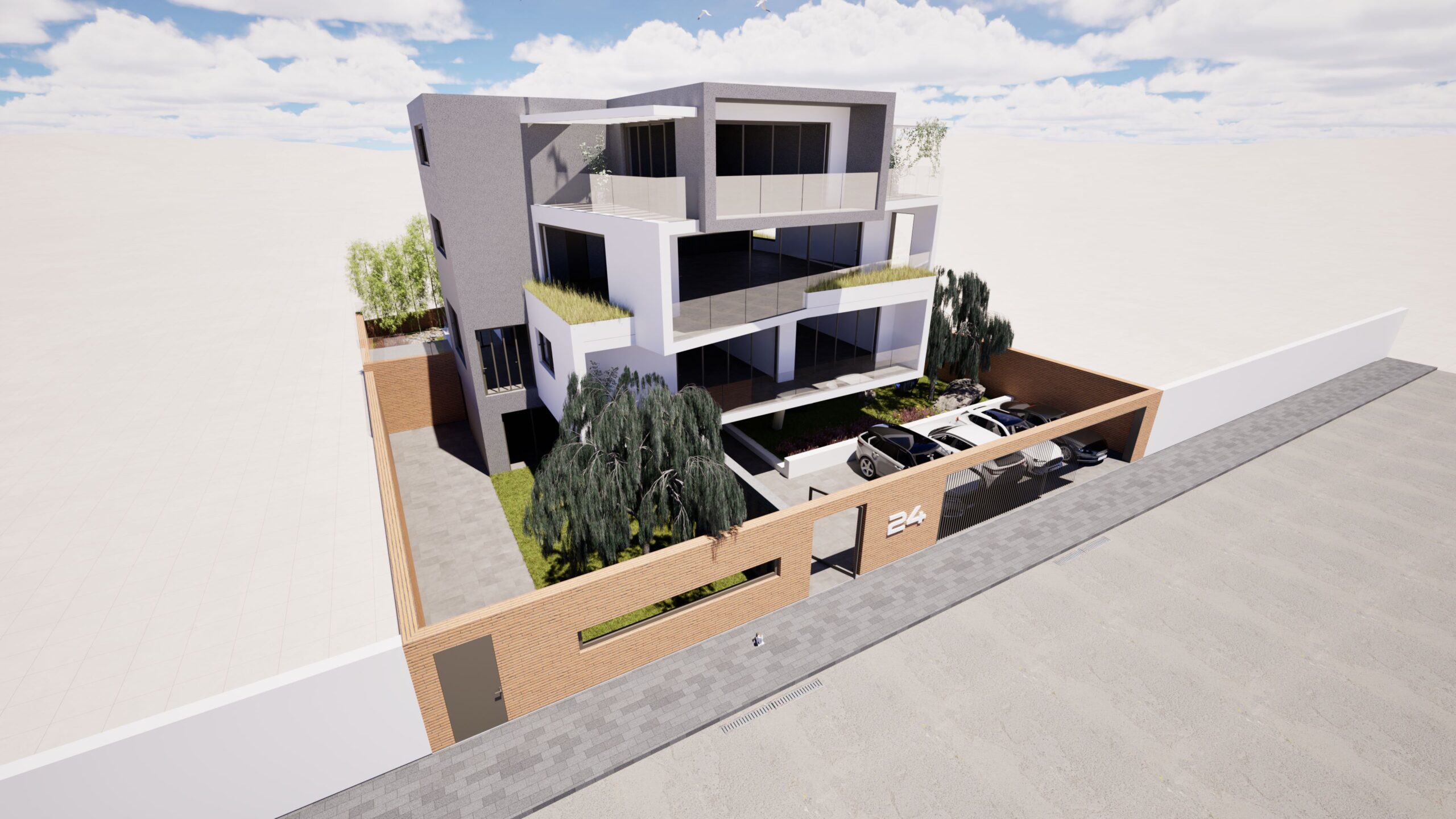 Aerial view of a modern three-story residence with a white facade, gray accents, and a brick perimeter wall, featuring a driveway with two cars and landscaped greenery under a bright blue sky. By Modify Architects