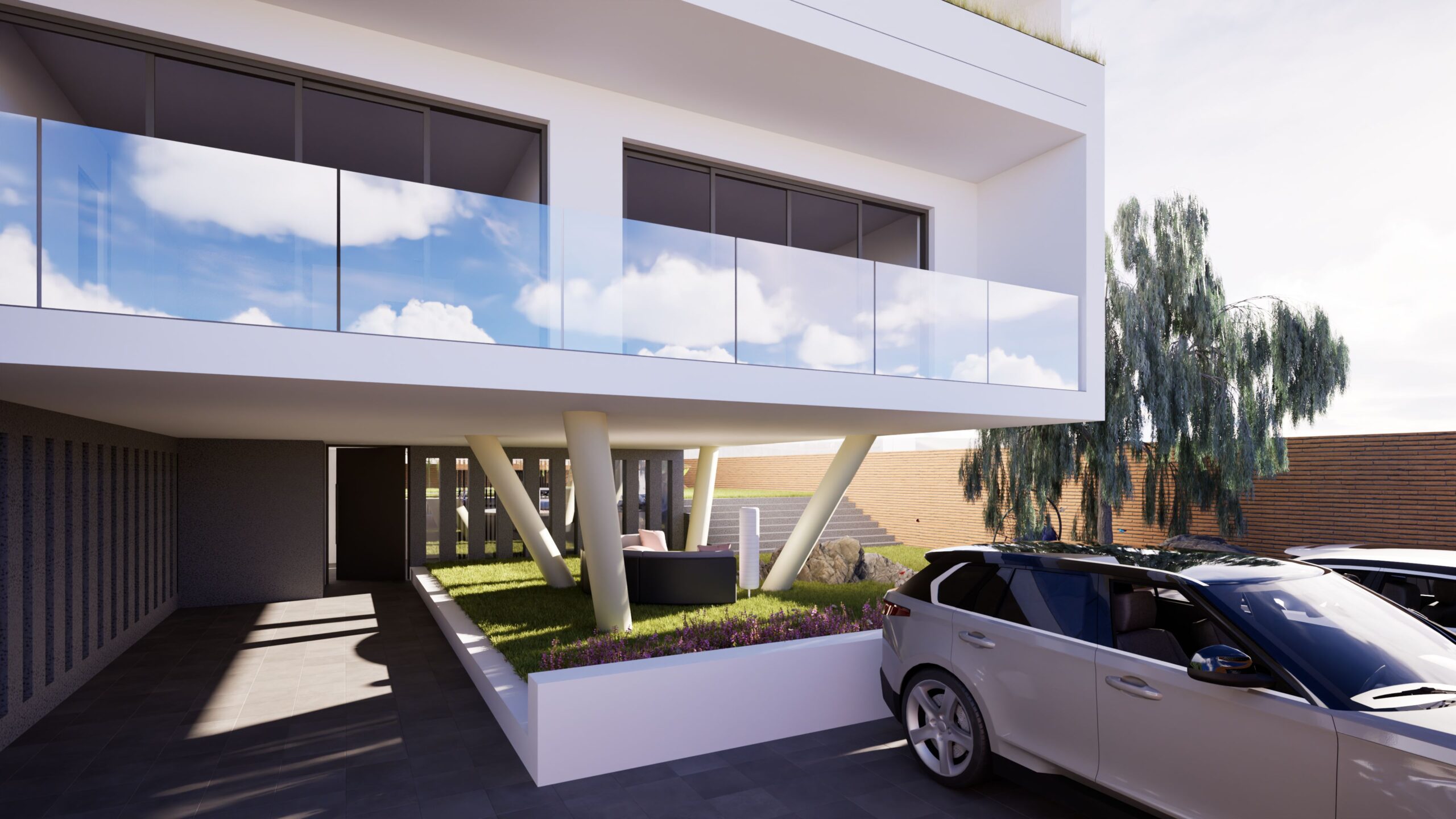Modern architectural rendering of a two-story white residence with a striking cantilevered upper floor, featuring glass railings and supported by angled white pillars. A white car is parked in the driveway, and the landscaping includes a green lawn, lavender flowers, and a tree. The background shows a brick wall and a bright blue sky with fluffy white clouds. By Modify Architects