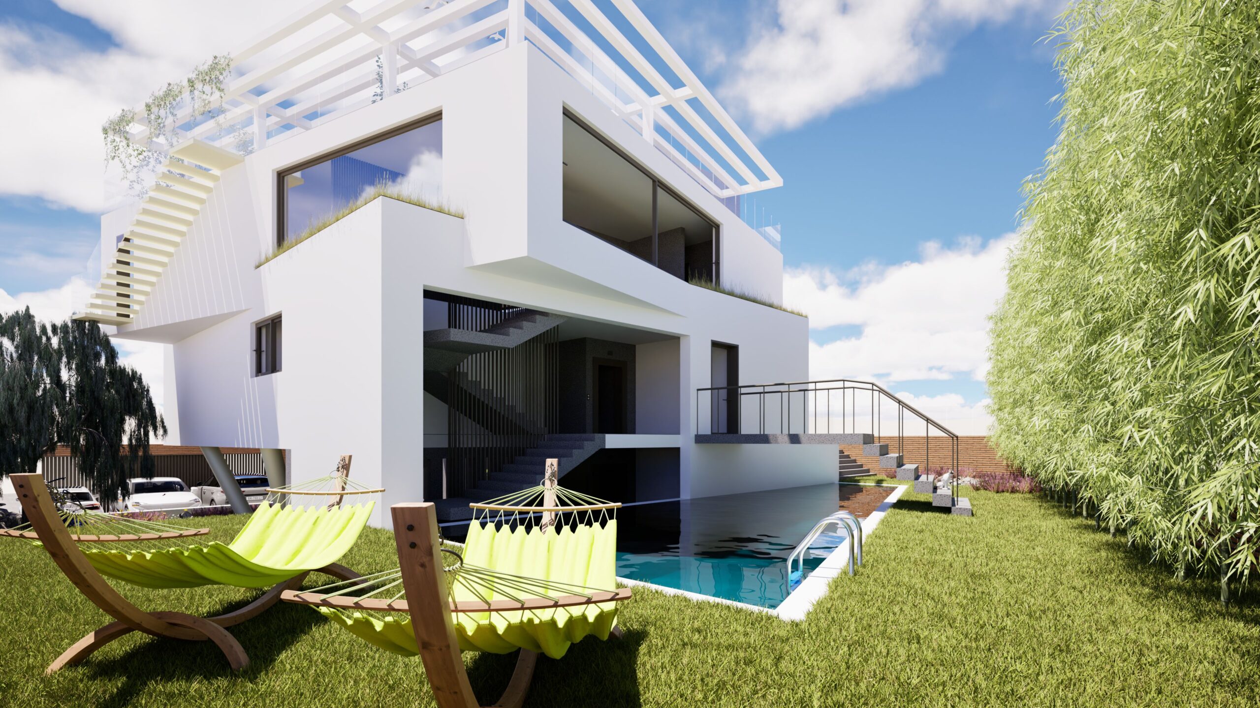 Modern architectural rendering of a white, multi-level residence with a swimming pool and lush green landscaping. The home features large windows, a rooftop pergola, and outdoor hammocks, set against a bright blue sky with fluffy clouds. By Modify Architects